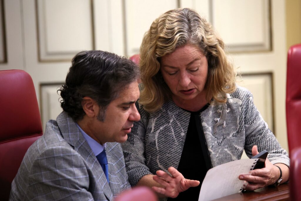 Jesús Ramos, portavoz adjunto del Grupo Parlamentario Agrupación Socialista Gomera, dialoga con la presidenta de la Comisión de Discapacidad del Parlamento de Canarias, Ana Oramas
