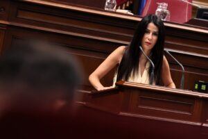 Melodie Mendoza, presidenta del Grupo Parlamentario Agrupación Socialista Gomera (ASG), interviniendo en la Cámara autonómica