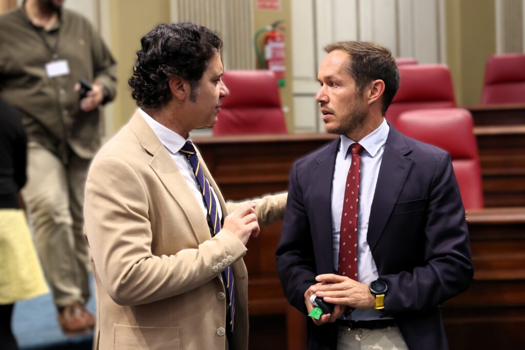 El portavoz adjunto del Grupo Parlamentario Agrupación Socialista Gomera (ASG), Jesús Ramos, dialoga con el consejero de Transición Ecológica y Energía del Gobierno de Canarias, Mariano H. Zapata.