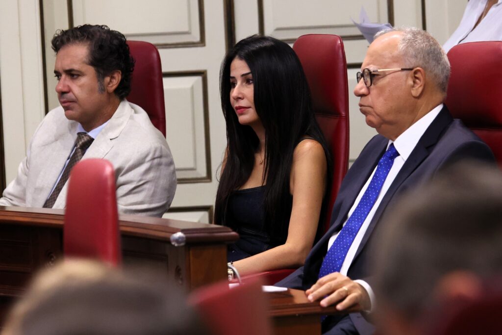 Los tres diputados del Grupo Parlamentario Agrupación Socialista Gomera, Jesús Ramos, Melodie Mendoza y Casimiro Curbelo, siguen la sesión plenaria desde sus escaños.