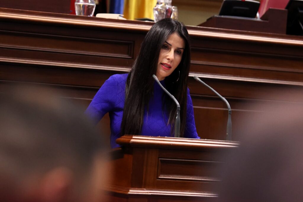 La presidenta del Grupo Parlamentario Agrupación Socialista Gomera (ASG), Melodie Mendoza, interviene en una sesión plenaria.